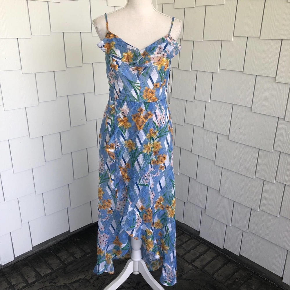 KENSIE Women's Blue/Yellow Floral Print Sleeveless Hi-Low Ruffle Hem Dress - Picture 3 of 6